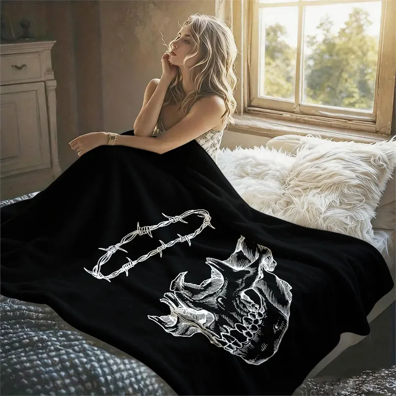 Skull With Barbed Wire Flannel Blanket Perfect for Sofa Office Bed Travel Sleep Read Relax Camping Four Season Use