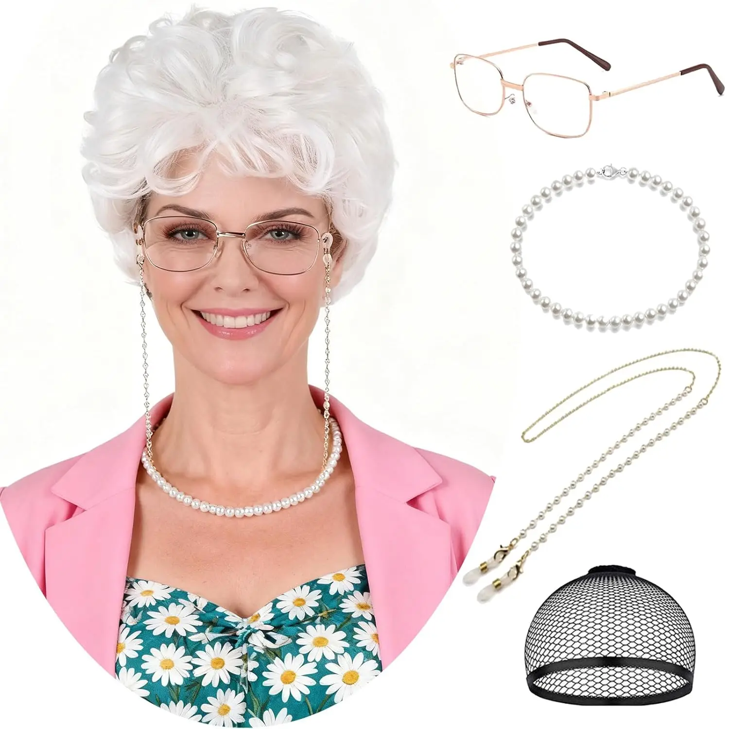 

Synthetic Old Lady Wig for Women Short Silvery White Curly Grandma for 100th Days of School Cosplay Costume Halloween Party