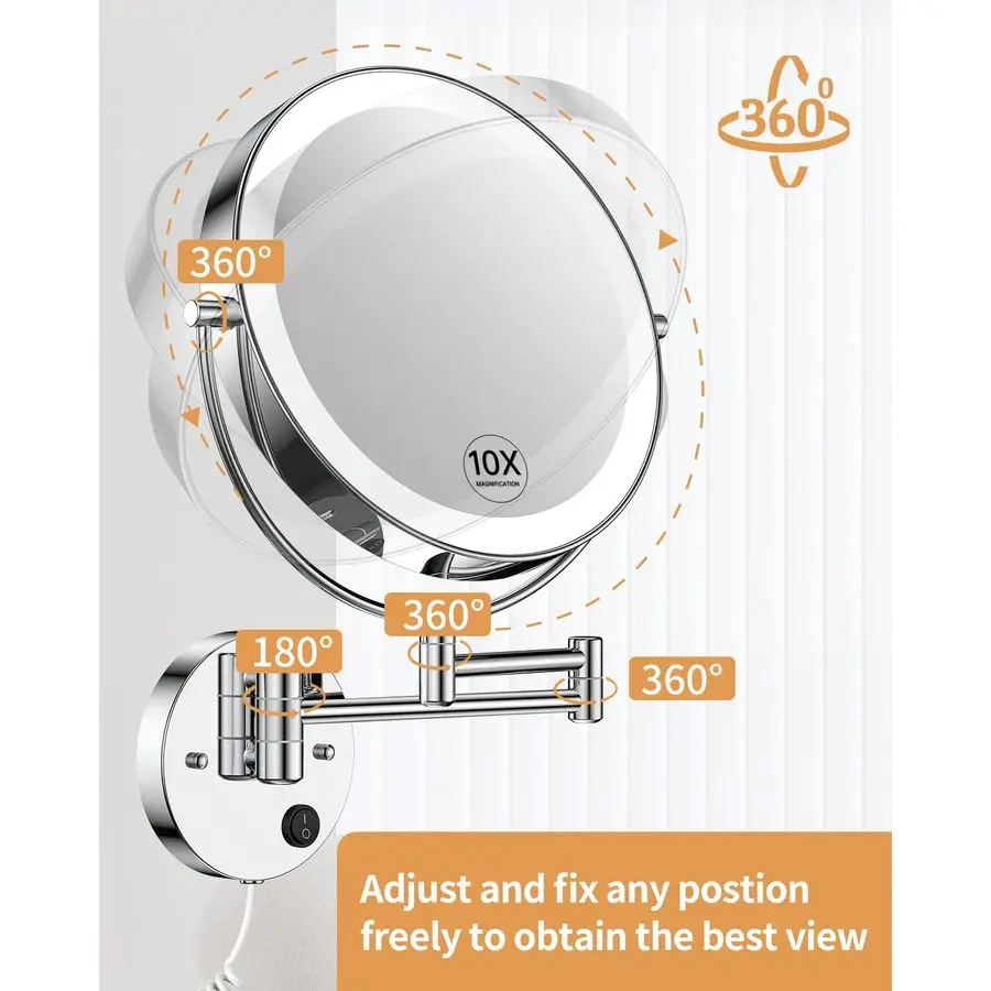 9 Wall Mounted Lighted Magnifying Mirror, 1X 10X Magnification DoubleSided LED Bathroom Mirror, 3 Color Lights amp Stepless Dimm