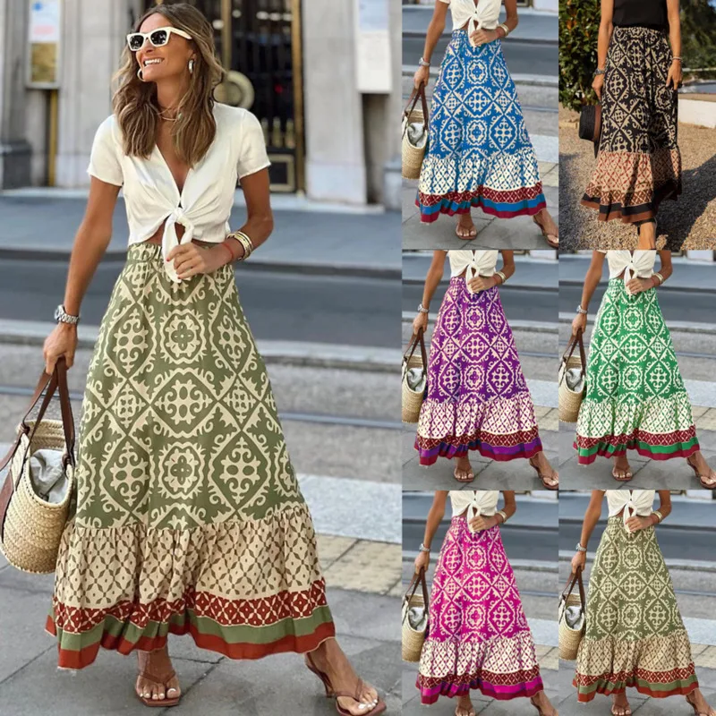 

Elegant Women Green Print Elastic Waist Skirt Spring Summer Femme Patchwork Slim Skirt Boho Flowers High Elastic skirt