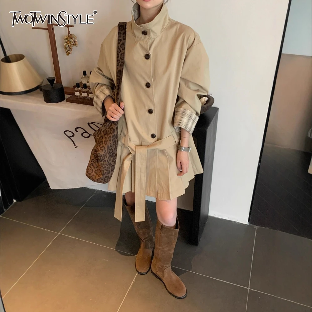 

TWOTWINSTYLE Solid Spliced Lace Up Basics Jacket Female Turtleneck Long Sleeve Loose Casual Lazy Women's Jackets Autumn Fashion