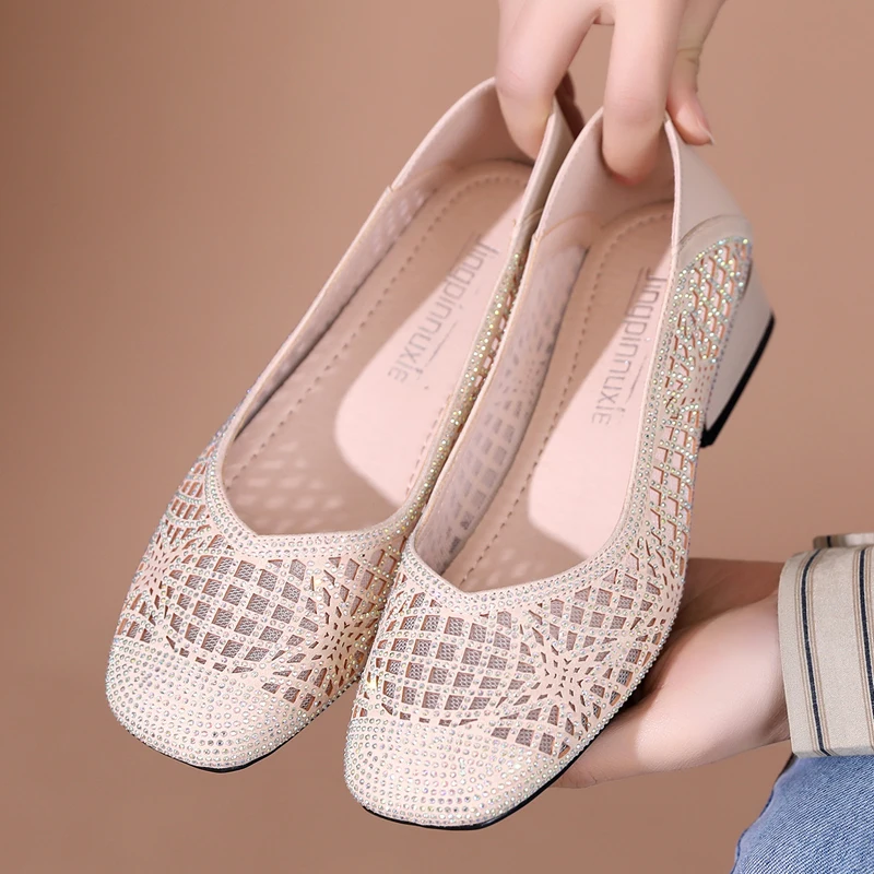 GKTINOO Spring Summer Fashion Hollow Genuine Leather Pumps Women Shoes Med Heels Square Heel Mesh Ladies Office Shoes Crystal