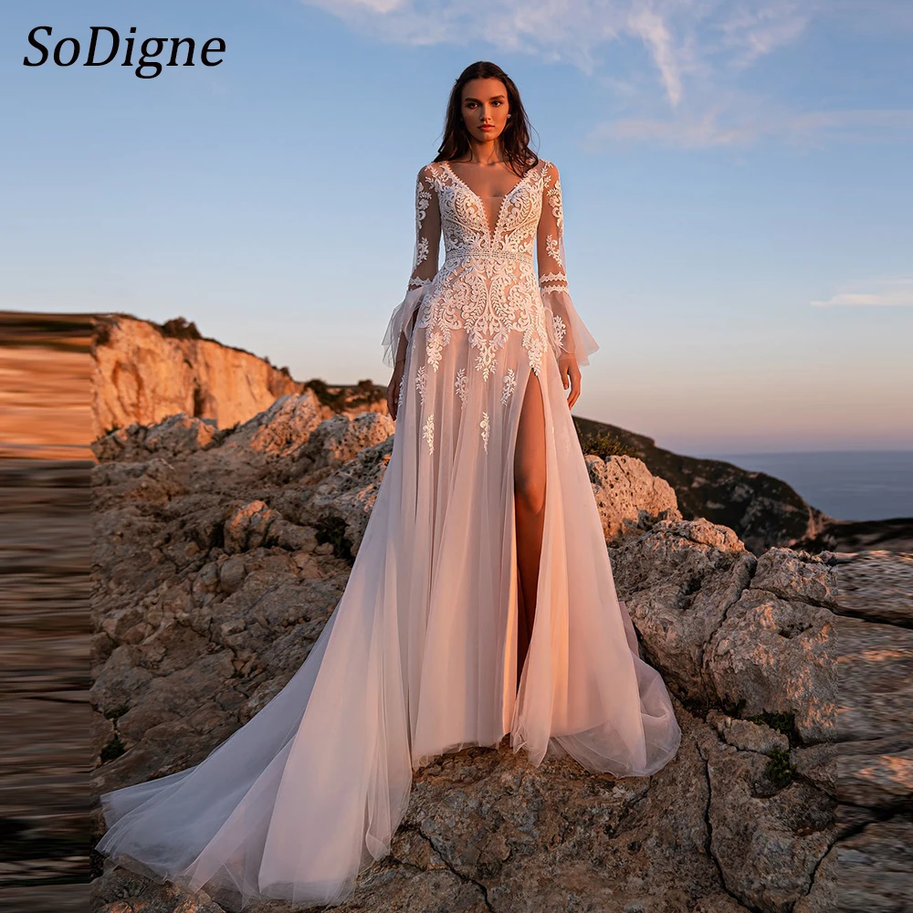 

SoDigne A-line Tulle Wedding Dresses V-neck Long Sleeves Appliques Bride Gown Long Beach Split 2024 Bridal Dress robe de mariée