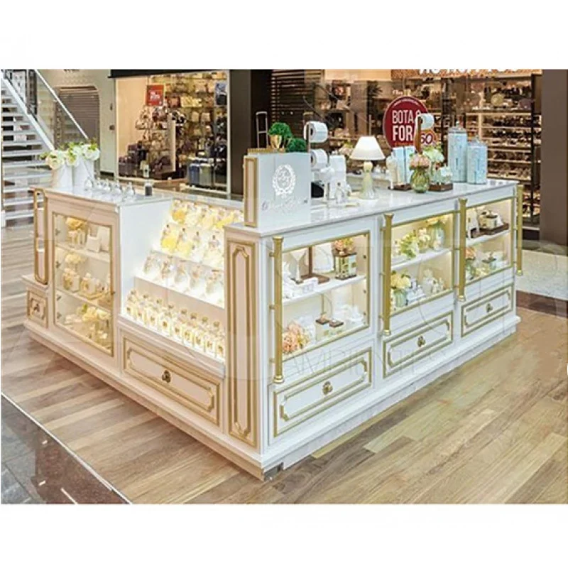 

Custom, New Trend Perfume Shop Glass Counter Gold Metal Fragrance Glass Display Showcase Perfume Kiosk for Mall