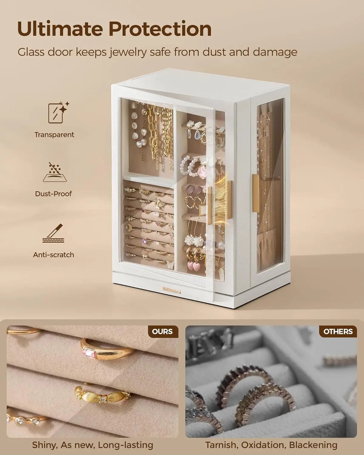 7-Drawer Rotating Jewelry Organizer with Glass Window, Dustproof Storage Case in White