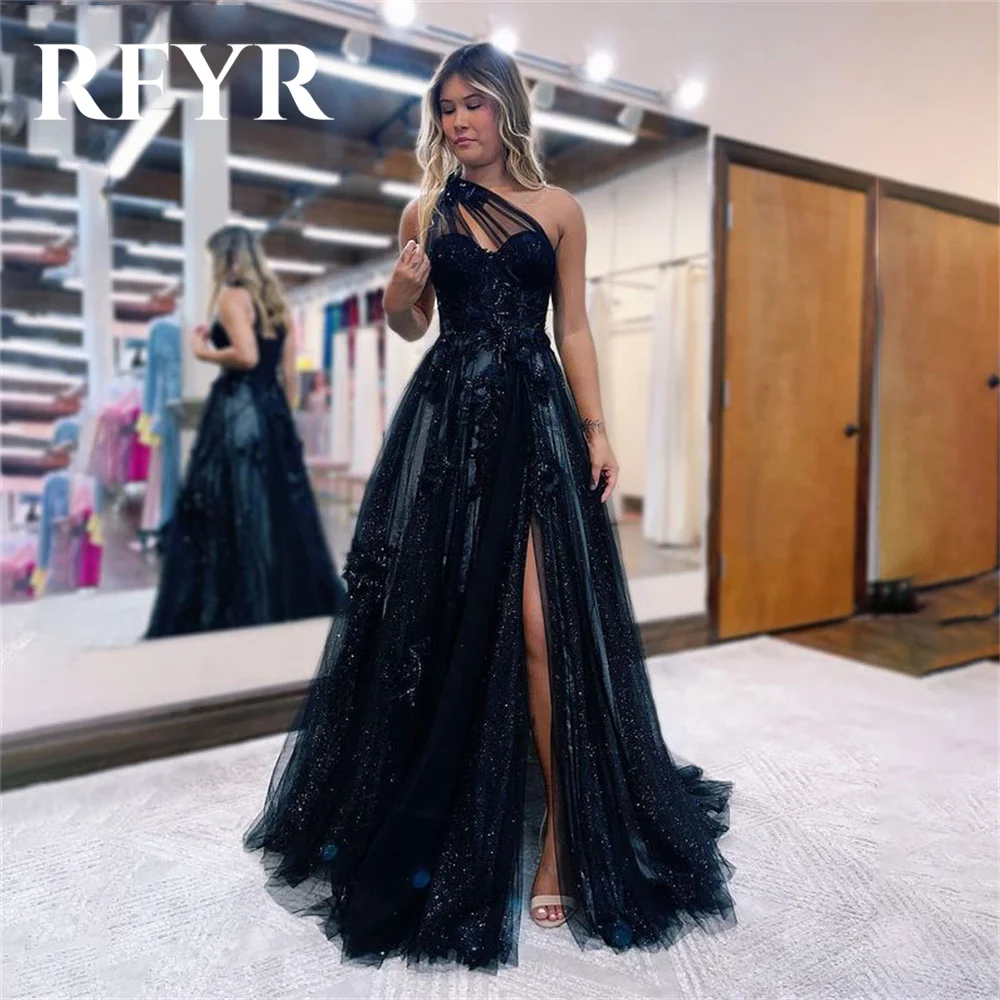 

RFYR Sparkling Tulle A-line Prom Dress Dark Blue Evening Dress Sexy One Shoulder Side Split فستان سهرة Princess Party Dresses