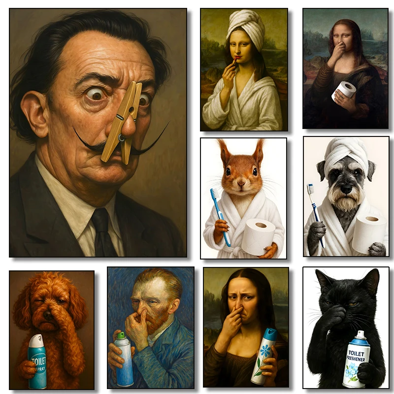 Mona Lisa Lustige Leinwanddrucke Poster Vintage Porträt Tier-Kunstdrucke Badezimmer Toiletten-Wandkunst Heim-Dekoration Kunstposter Geschenke