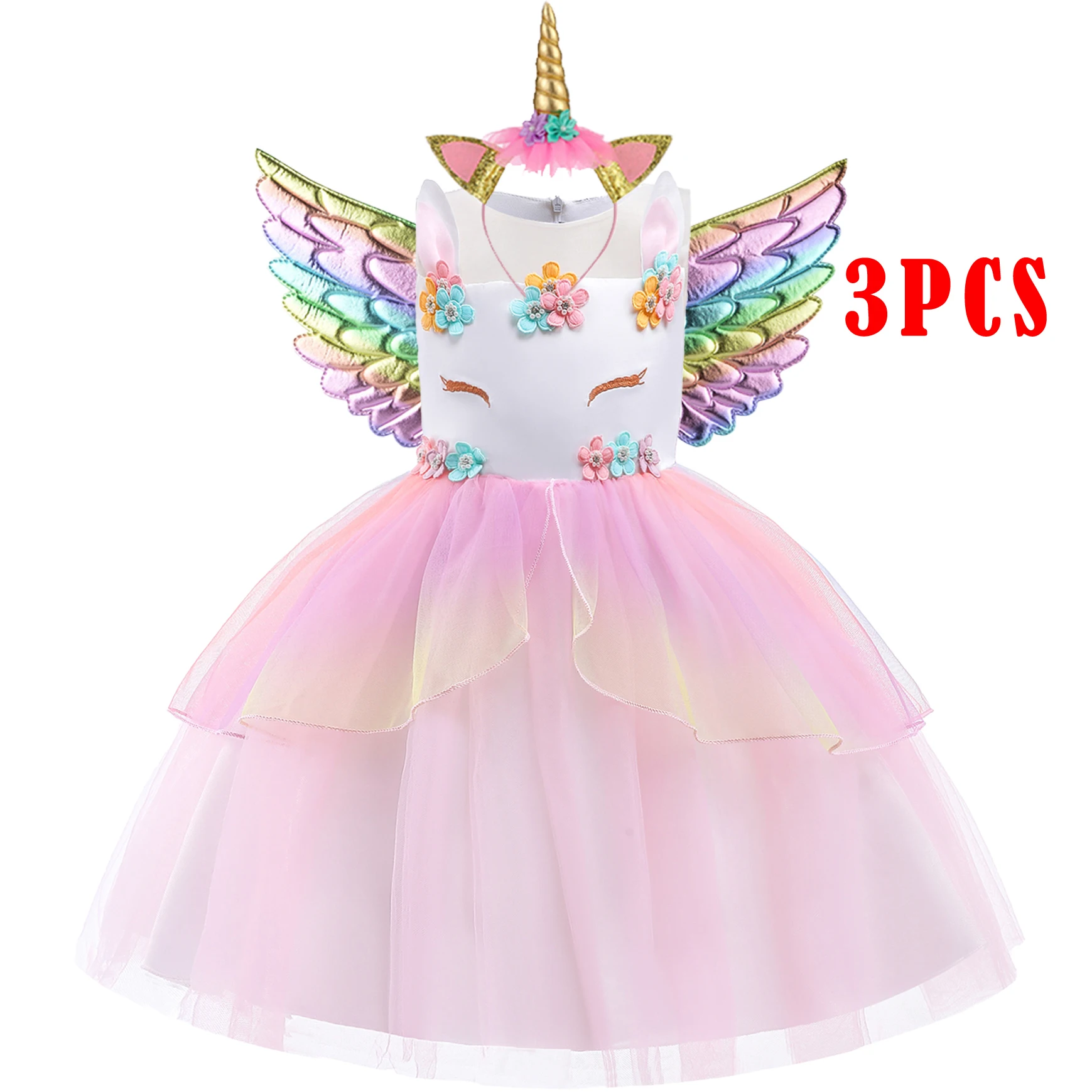 Rainbow Unicorn Party Costume for Girls Cosplay Princess Flower Tulle Dresses Fashion Christmas Halloween Birthday Kids Clothing