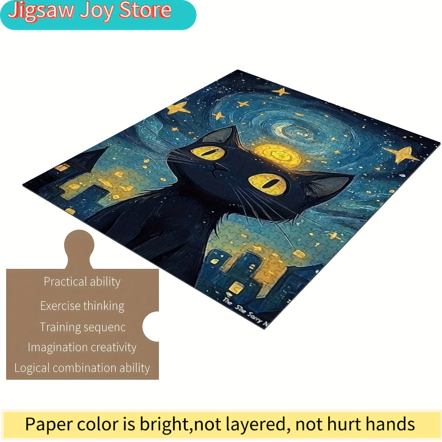 

Деревянный пазл для всей семьи - Искусство в стиле Ван Гога: черная кошка и звездное небо, средний уровень сложности, яркие цвета