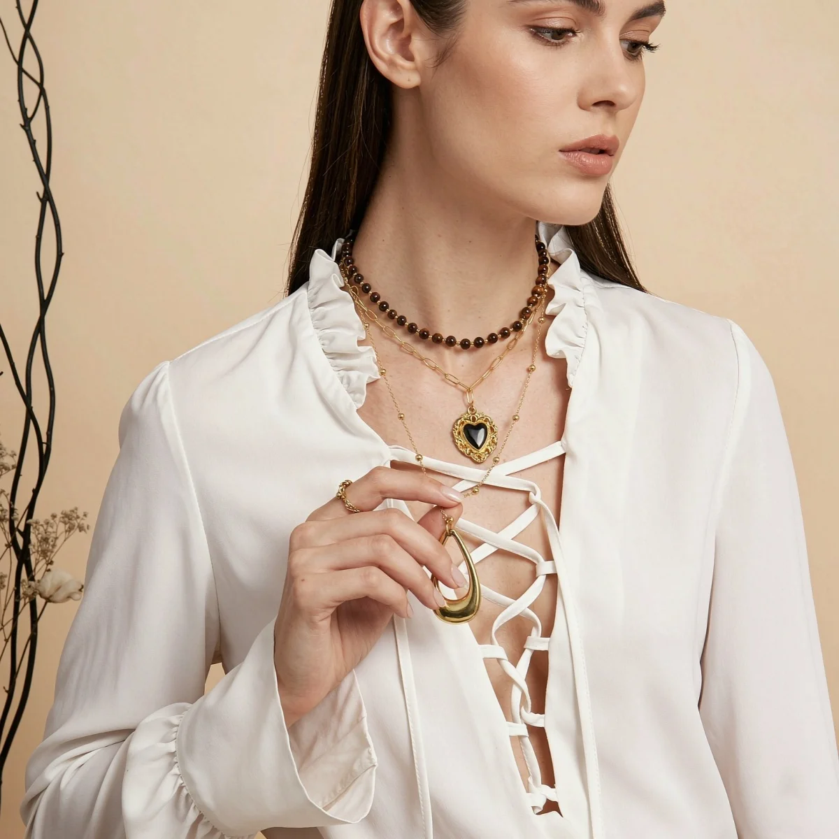 Retro Natürlicher Tigerauge-Stein Herz Hohler Wassertropfen Anhänger Halskette für Frauen Männer Mehrschichtige Tropfenform Stapelbare Choker-Schmuckstücke – Detail 4