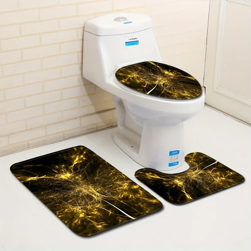 

Black Bottom Golden Pattern Floor Mat Set, Toilet Cover Rug, Bathroom Rug, Toilet Water Absorbent By Mat, Non-slip Floor Mat, Ma