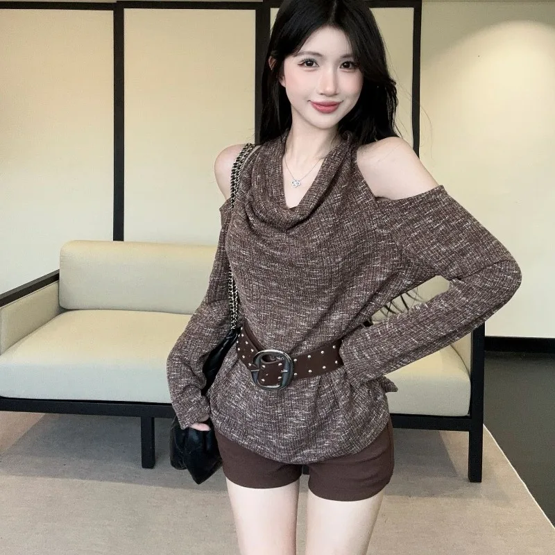 

Autumn Winter Women's Top Stylish Sexy Off-the-shoulder Halter Neck Belted Arrival Fashionable Slimming Niche Versatile Casual