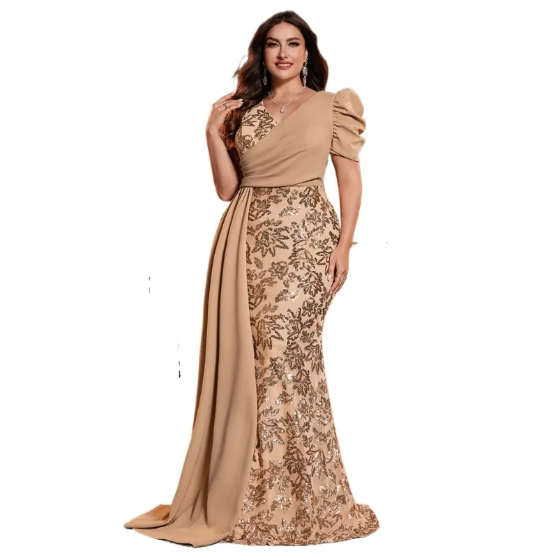 XXXXL Large Size Women's Clothing Bead Splicing Elegant Dress, Fit V-neck Short-sleeved Cocktail Party Dinner Dress