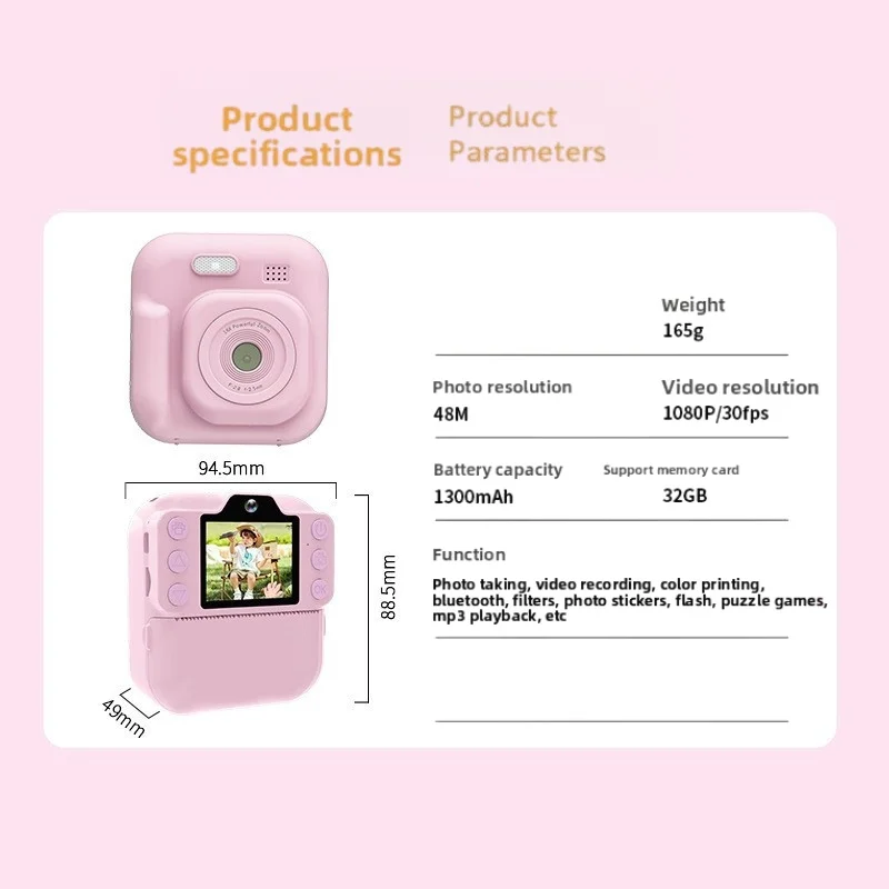 Câmera digital infantil Polaroid com impressão instantânea, mini câmera de lente dupla para meninos e meninas, impressora de fotos Bluetooth, MP3.