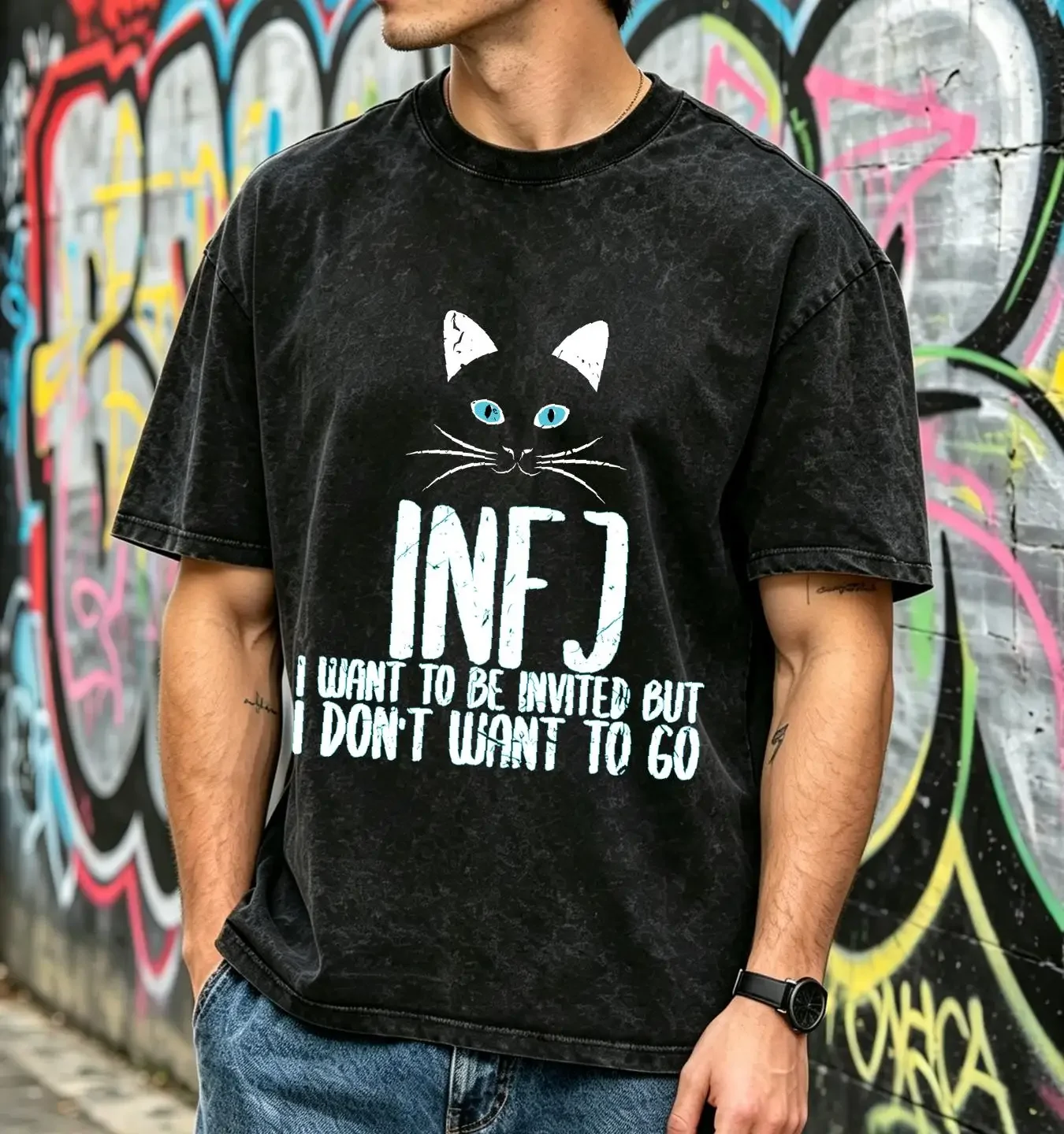 washed T Shirt INFJ Introvert Cat Lover Self Care Personality Type long or short sleeves vintage Washed Versatile graphic