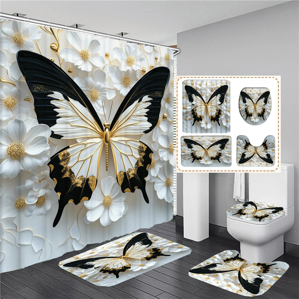 Elegant Bouquet of Fantastic White Flowers 3D Style Shower Curtain Bathroom Curtain with Bath Rug Carpet Set Floral Home Decor