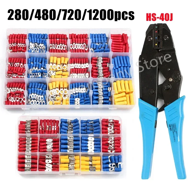 280/1200x Spade Terminals Insulated Cable Connector Electrical Wire Crimp Butt Ring Fork Set Ring Lugs Rolled or HS-40J Plier