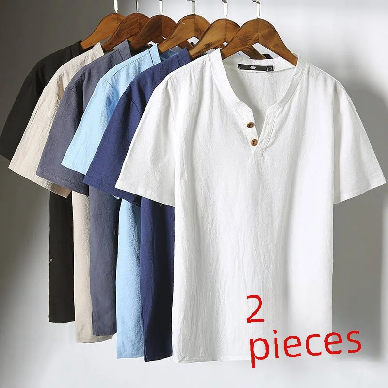 Men's Summer Loose-fit Short Sleeve Linen T-shirt Cotton Linen Body Solid Color Breathable V-neck Thin Top