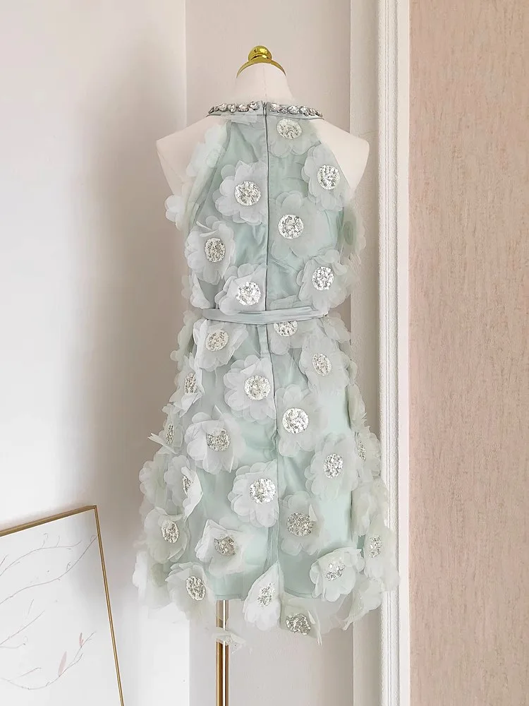 Uni vestido de festa de luxo de alta qualidade feminino halter sem mangas com zíper design faixas de cetim 3d floral lantejoulas vestido de noite