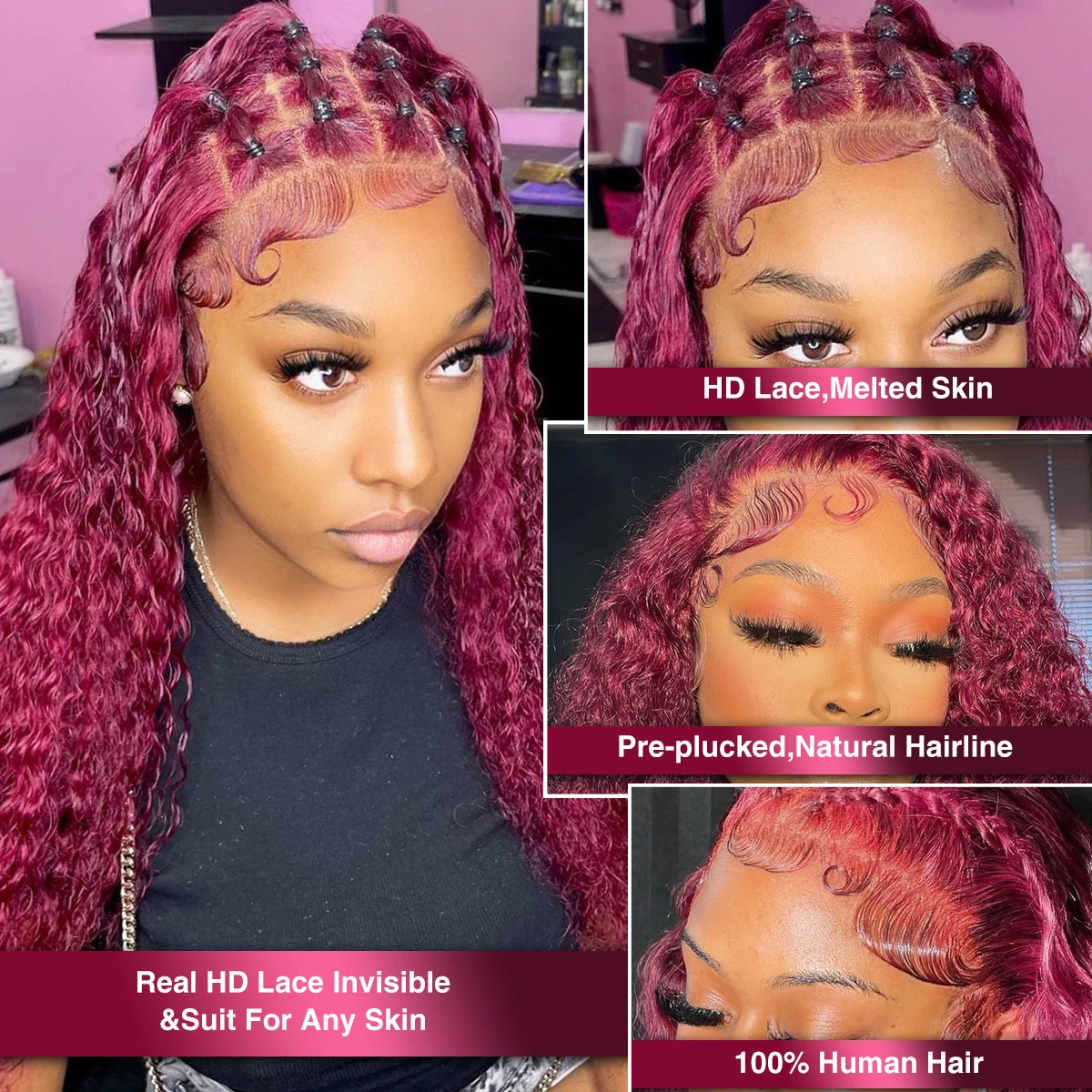 99J Burgundy Deep Wave Lace Frontal Wig 13x6 HD Transparent Curly Lace Front Wigs For Women Colored Water Wave Human Hair Wigs