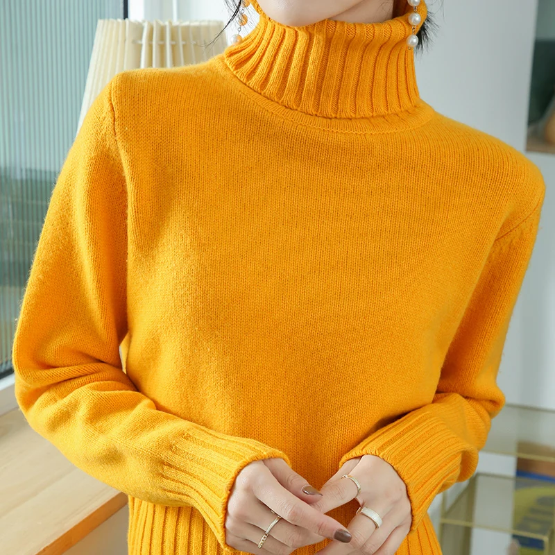 Basic 100% Merino Wool Autumn Winter Sweater Turtleneck Fashion Pullover Cashmere Solid Color Soft Long Sleeve Clothing Tops - Detail 1