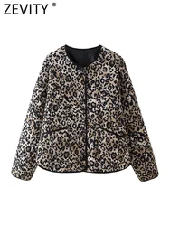 ZEVITY 2024 Women Vintage Leopard Print Quilted Cotton Jacket Female Chic Long Sleeve Buttons Casual Slim Coat Tops CT6287