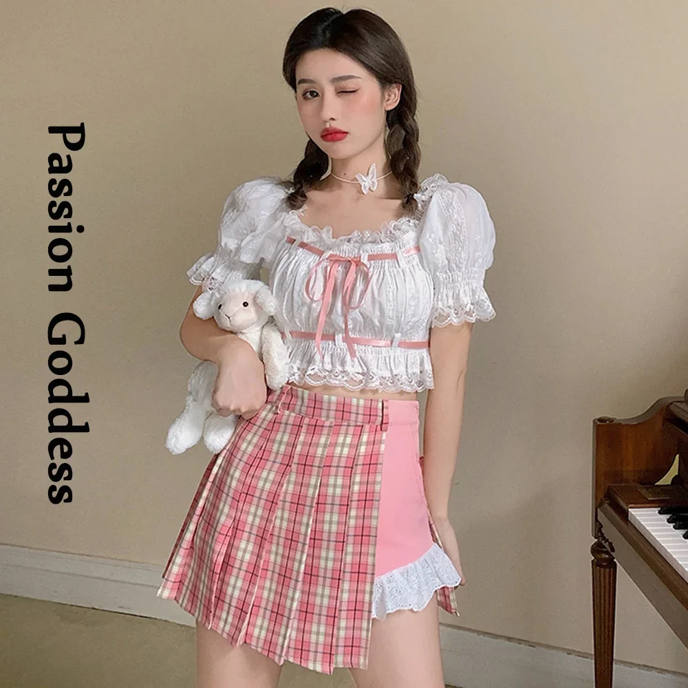 Lolita Sweet Women 2 Piece Lace Sets Lace Ruffles Crop Top Shirts High Waist Plaid Pleated Skirts Party Two Piece Kawaii Outfits