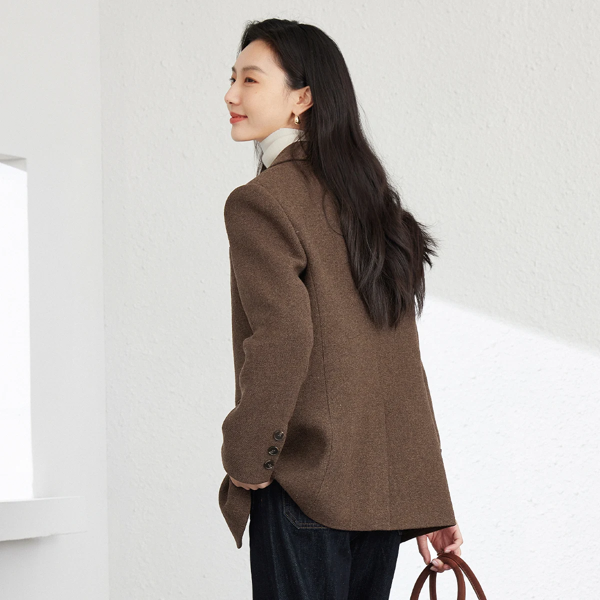 VIMLY سترة قهوة نسائية أنيقة شتاء 2025 معطف نسائي مبطن سميك من مزيج الصوف بأكمام طويلة سترة نسائية M9270