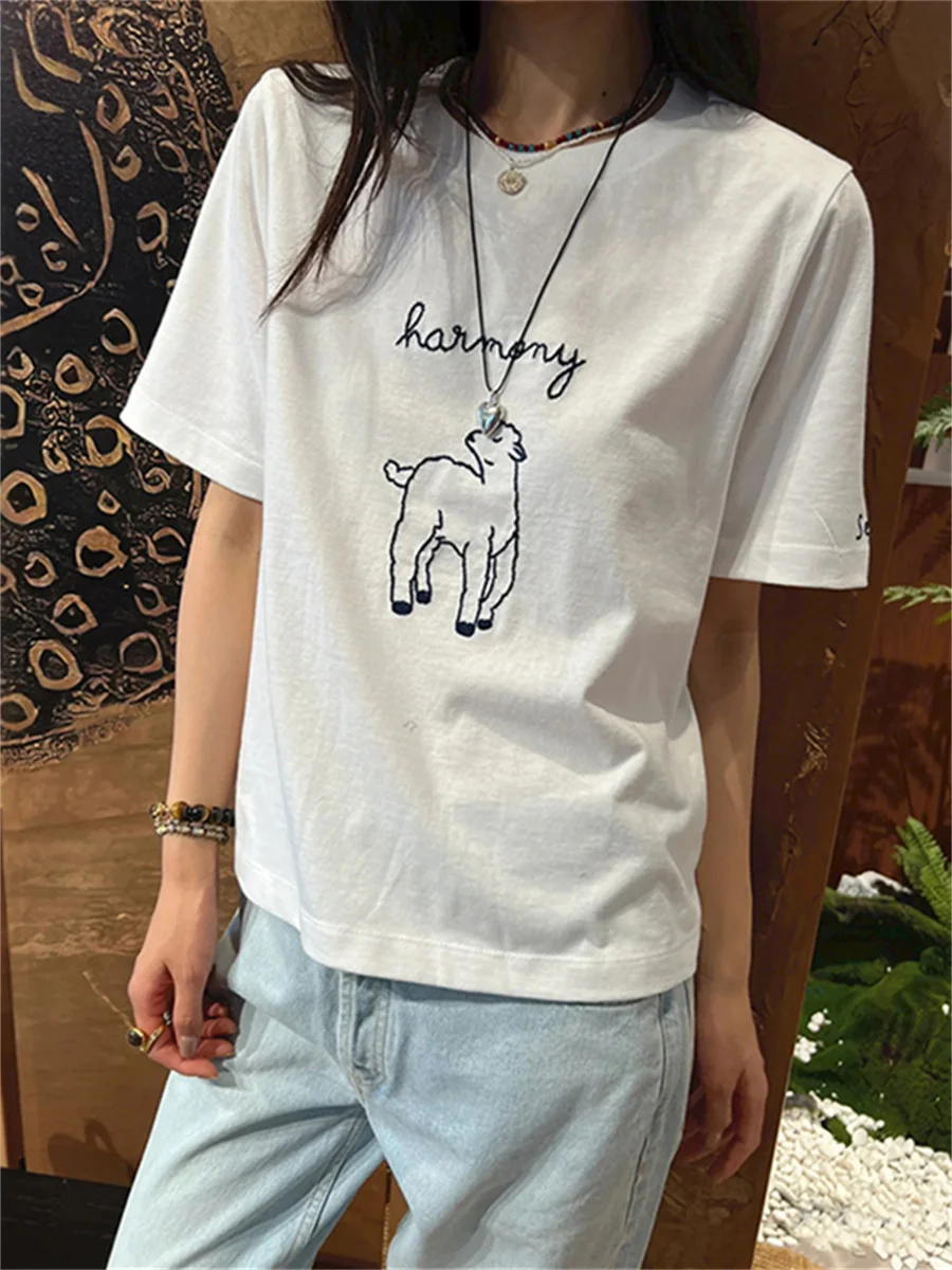 100% Cotton Women White Tee Tops Summer New 2024 Short Sleeve O-Neck Casual All-Match Ladies Embroidery of Lamb Pattern Tshirt