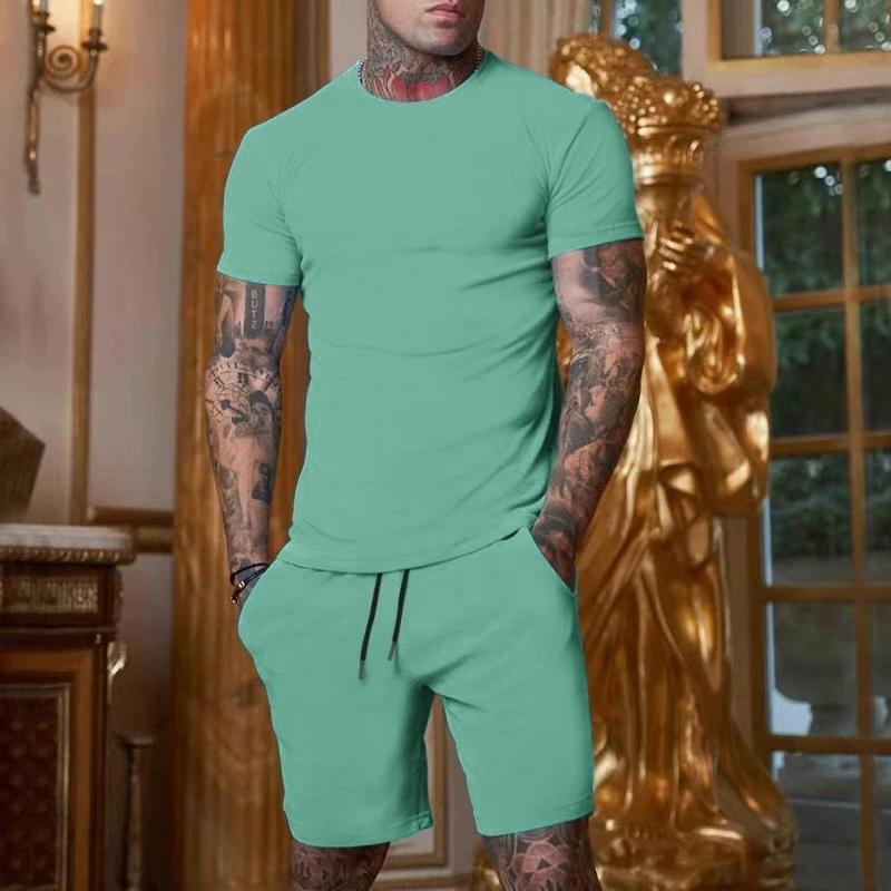

European and American Style Men's Casual Tracksuit Solid Color Fitness Running Short Sleeve T-Shirt Men's Outfit