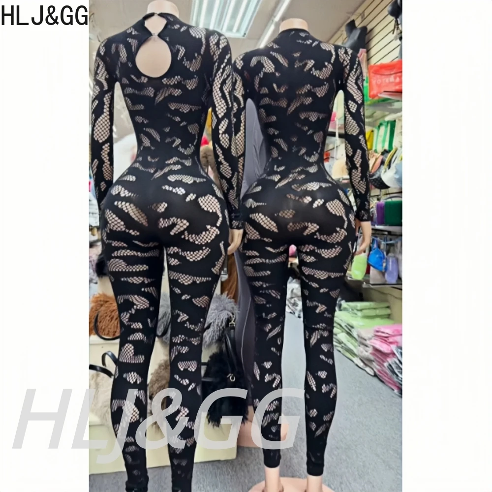 HLJ&GG Sexy Spitzen-Overall mit Durchsichteffekt, figurbetont, einteilig, für Damen, Rundhalsausschnitt, lange Ärmel, schmale Playsuits, modische, dehnbare Overalls