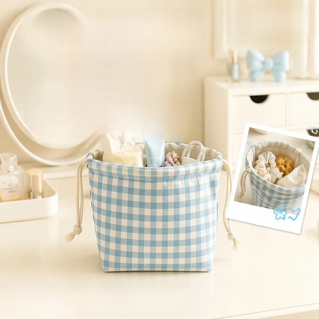 portable-large-capacity-plaid-cosmetic-bag-drawstring-soft-fabric-portable-storage-bag-for-home-organization-non-woven-material