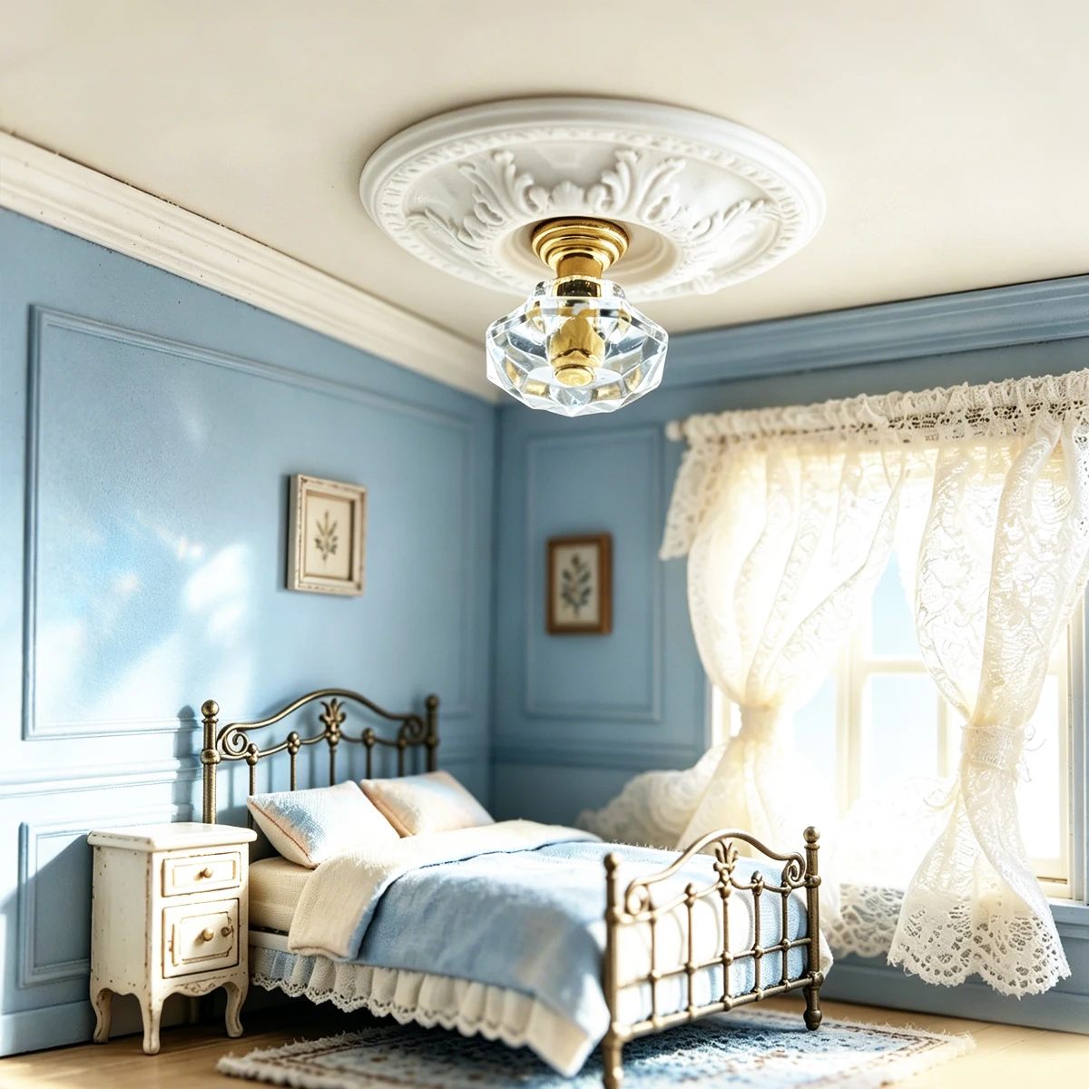 Vintage Baroque Plaster Ceiling Medallion with Crystal Pendant Decor, Dollhouse Home Decorative White Gypsum Ceiling Rosette