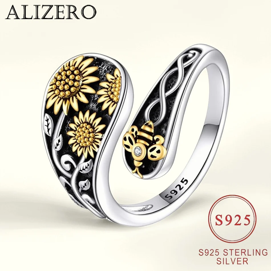 

925 Sterling Silver Bee Sunflower Zircon Ring Unique Design Women's Bohemian Style Fashion Jewelry for Everyday Accessories