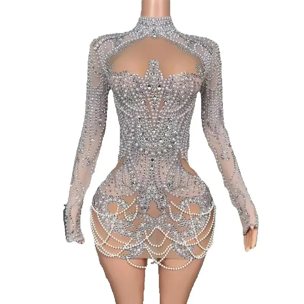 Luxurious Full Rhinestones Pearl Short Dress Women Evening Prom Celebrate Dress Sexy Mesh Transparent Singer Photoshoot Wear