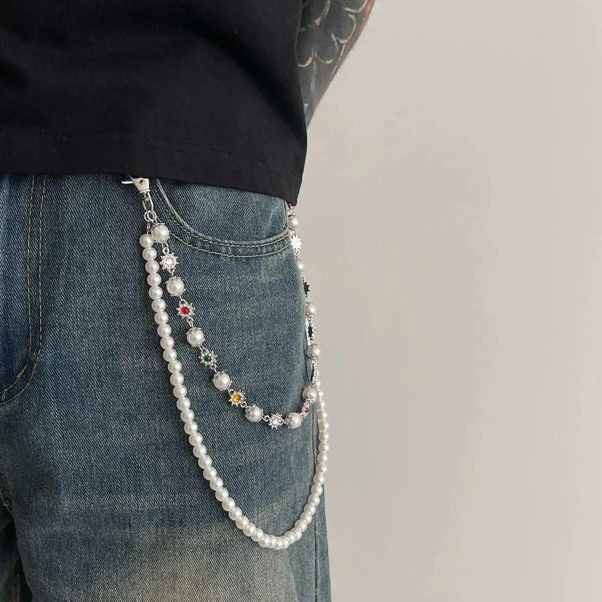 KunJoe Hip Hop Colored Rhinestone Flower Imitation Pearl Pants Chain Men Jeans Accessories Multi layer Metal Belt Chain Keychain
