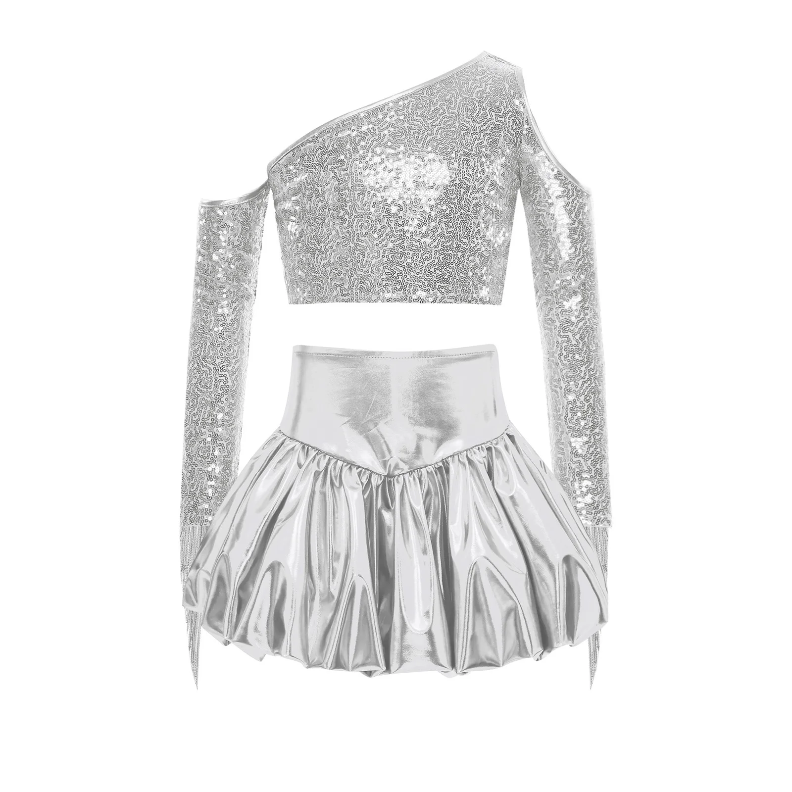 

Kids Girls Metallic Jazz Waltz Tango Stage Dance Outfit Long Sleeve Tassel Crop Top with Bubble Skirt for Party Performance Wear