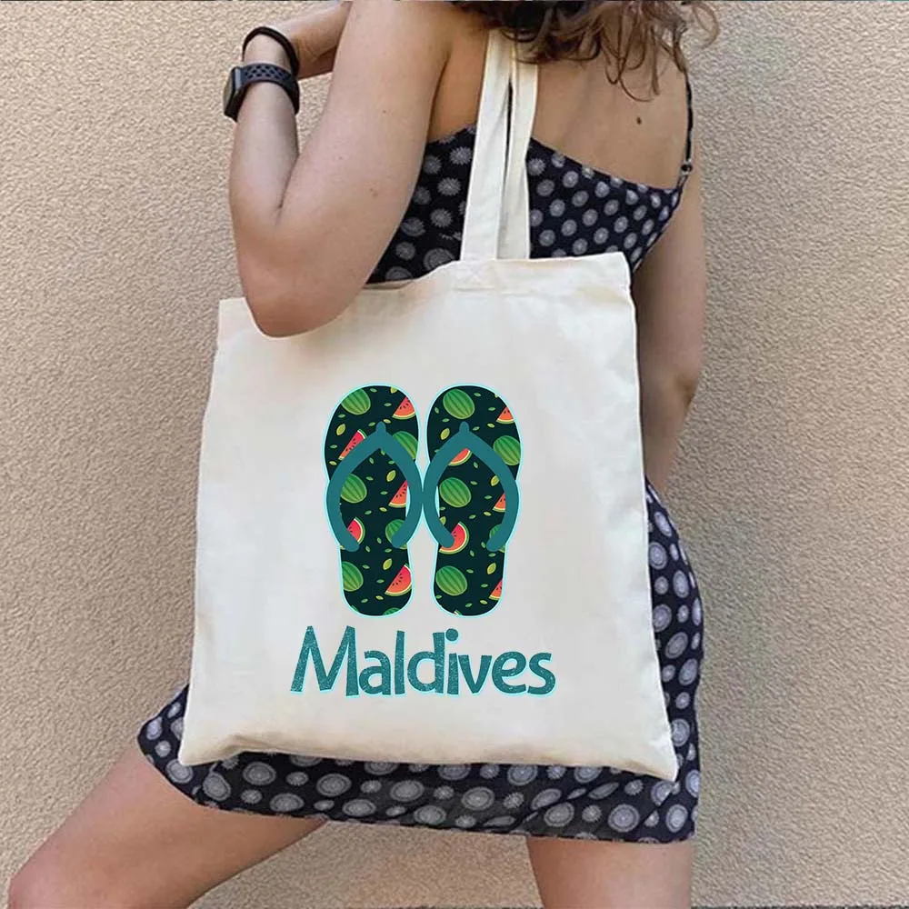 Vintage Retro Summer Beach Holiday Maldives Maldivian Flag Love Heart Shopping Shoulder Canvas Tote Bag Harajuku Shopper Handbag