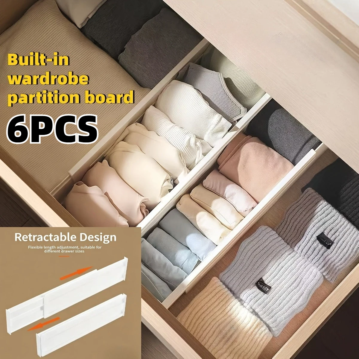 6pcs Adjustable Drawer Dividers, Heavy Duty Plastic Retractable Foldable Storage Box, Drawer Space Divider, Adjustable Drawer