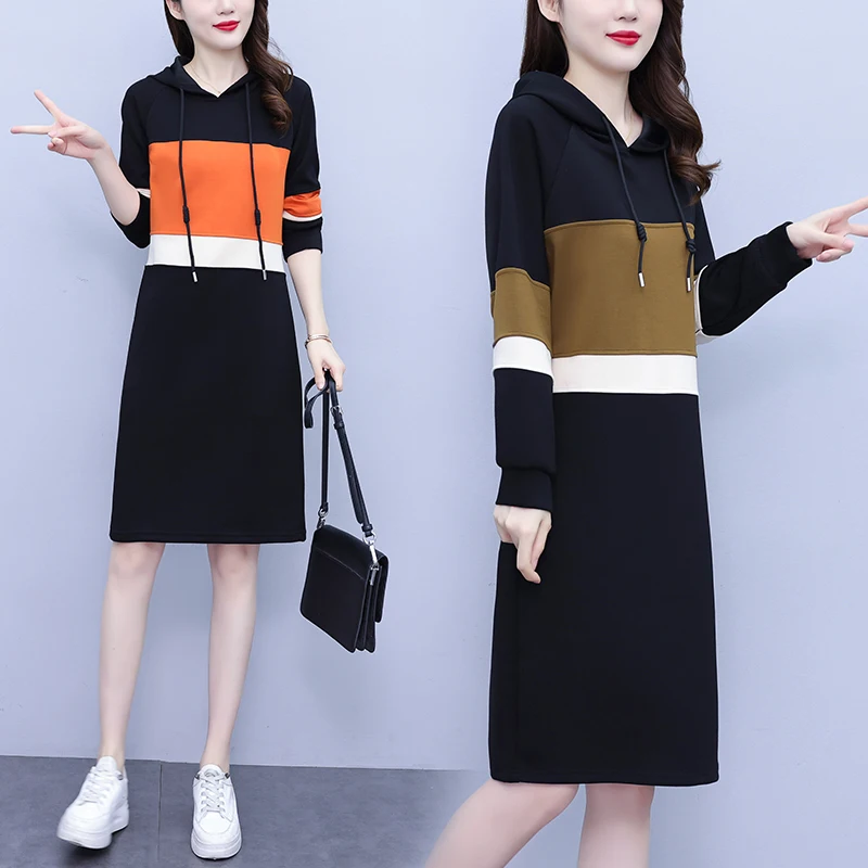 Elegant Cotton T-shirt Dresses For Women 2023 Female Large Size 5XL Autumn Winter A Line Hooded Color Contrast Stitching Vestido