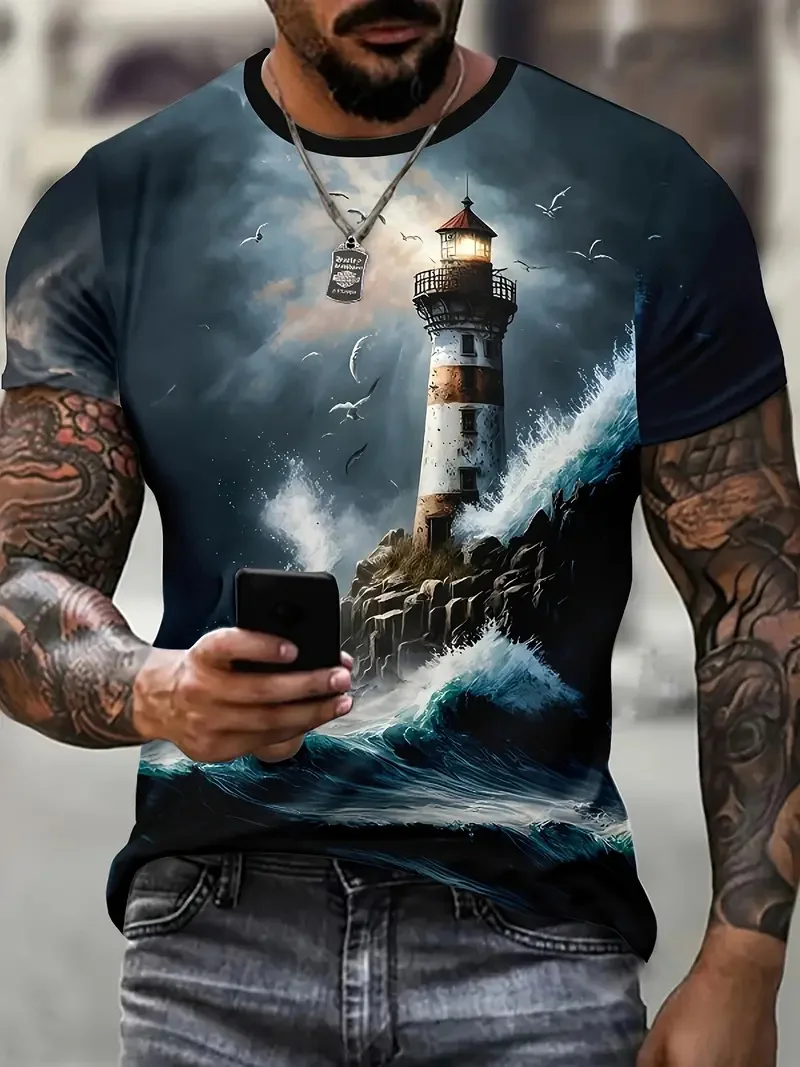 Men's Vintage Tsunami Lighthouse Print T-shirt Personality Street Men T-shirt Fitness Oversized T-shirt Outdoor Fashion T-shirt