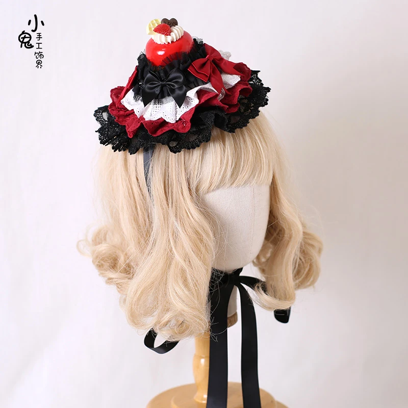 Ribbon Bow Hairband with Hairpins Girls Lolita Lace Ruffled small hat cute cake headdress hair accessories maid headband