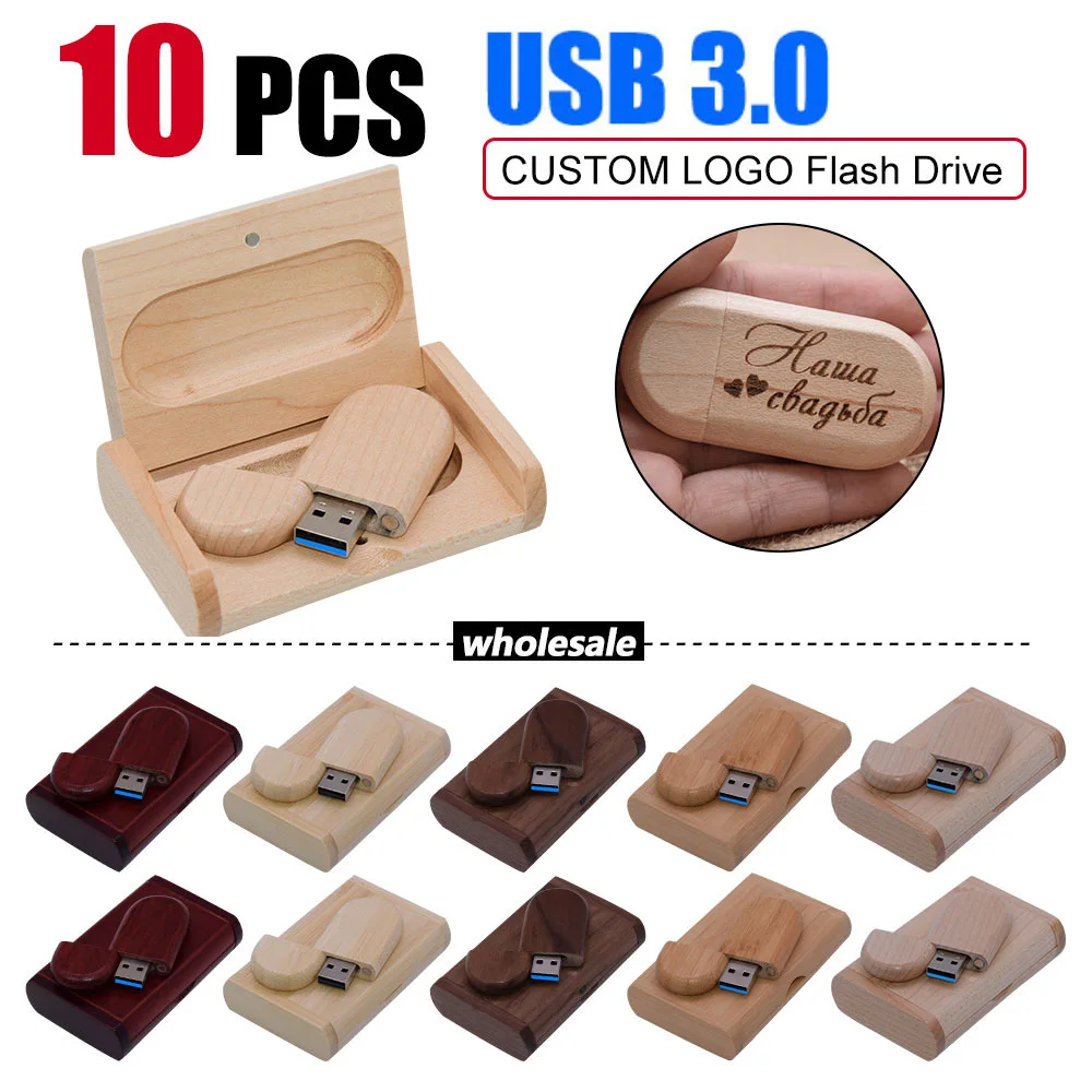 

10pcs/Lot USB Flash Drive Wooden with Box Pendrive 3.0 4GB 8GB 16GB 32GB 64GB 128GB Memory Stick Wedding Gift(Free LOGO)