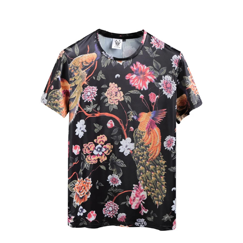 European and American men's wear summer 2022 new  Phoenix print with round collar and short sleeves  Fashion ice silk T-shirt