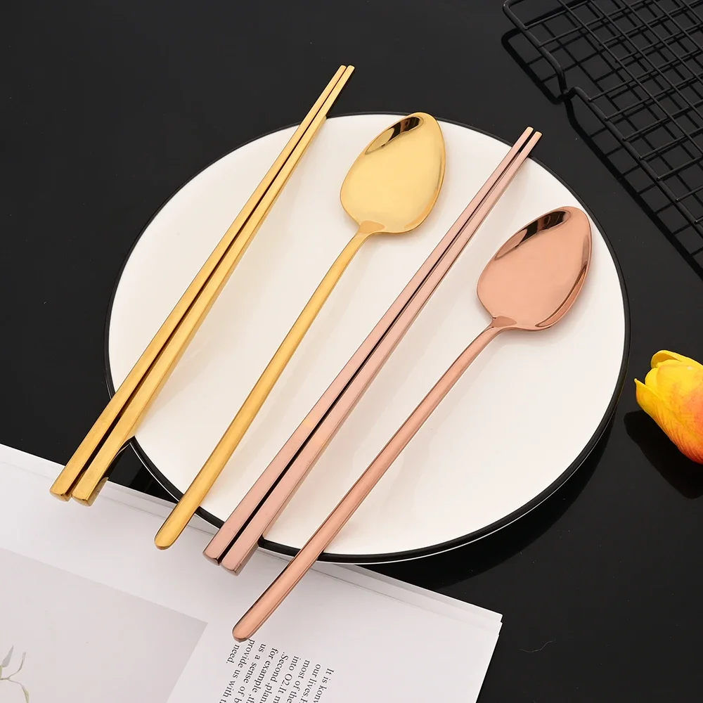 Korean 12Pcs Tableware Set High Quality Stainless Steel Dinner Set White Gold Dinnerware Fork Spoon Chopsticks Cutlery Set
