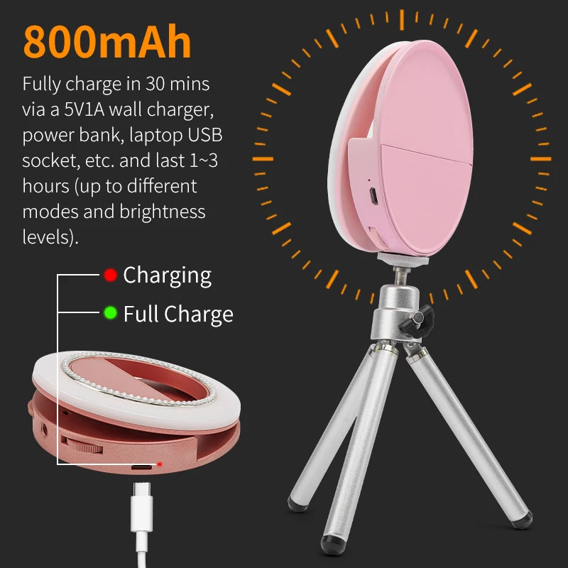 Регулируемая ручка для селфи, 2 цветовой температуры, светодиод с бесступенчатым затемнением, 800 мАч, портативный перезаряжаемый заполняющий светильник для фотографии