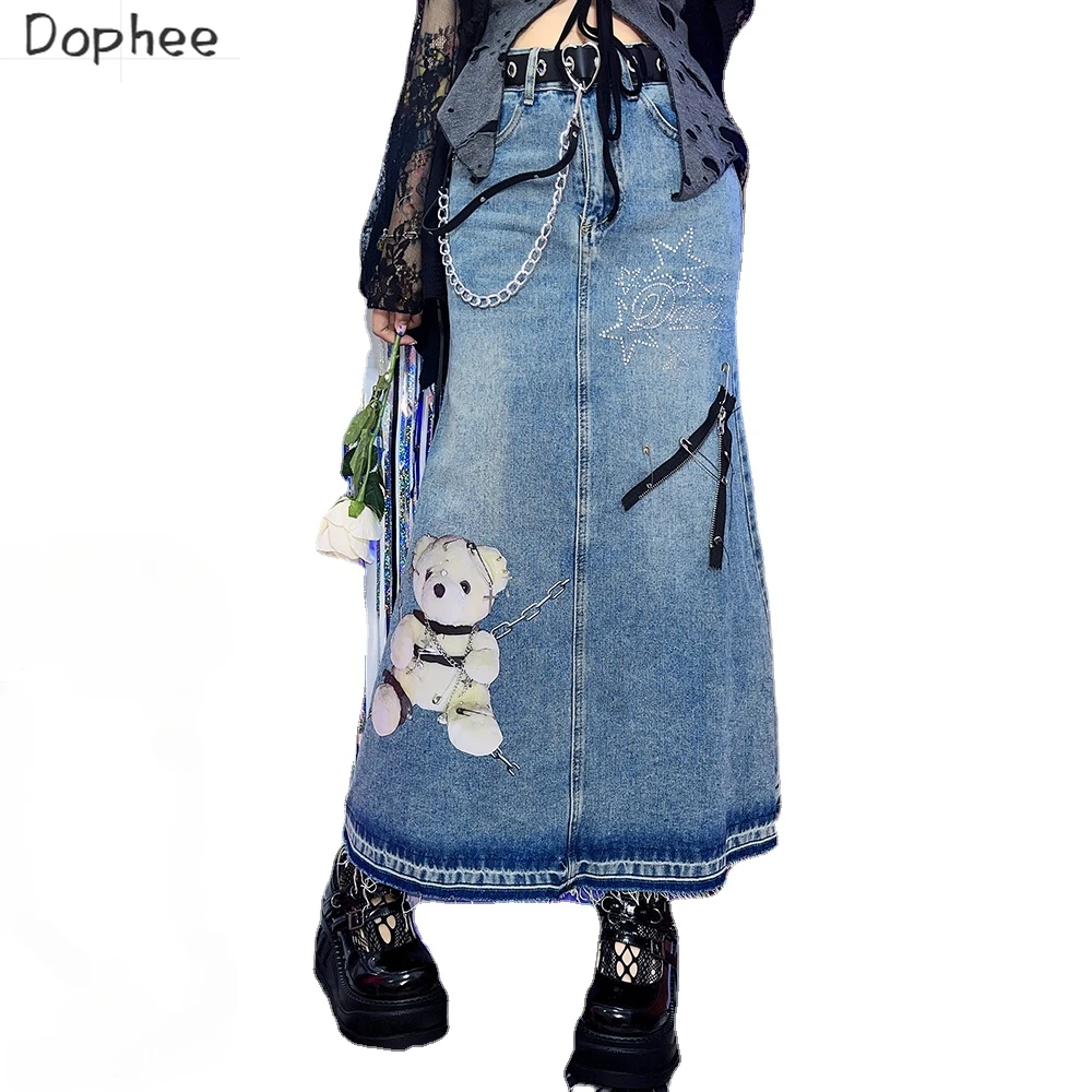 

Dophee Original Streetwear Zip Chain Bear Spice Girls Denim Skirt Y2K Millennium High Waist Mid-length A-line Punk Jean Skirts