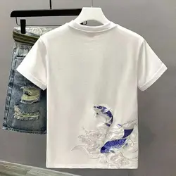 Camiseta holgada de manga corta para hombre, camisa minimalista con estampado de cuello redondo, estilo chino, informal, a la moda, novedad de verano, 2024