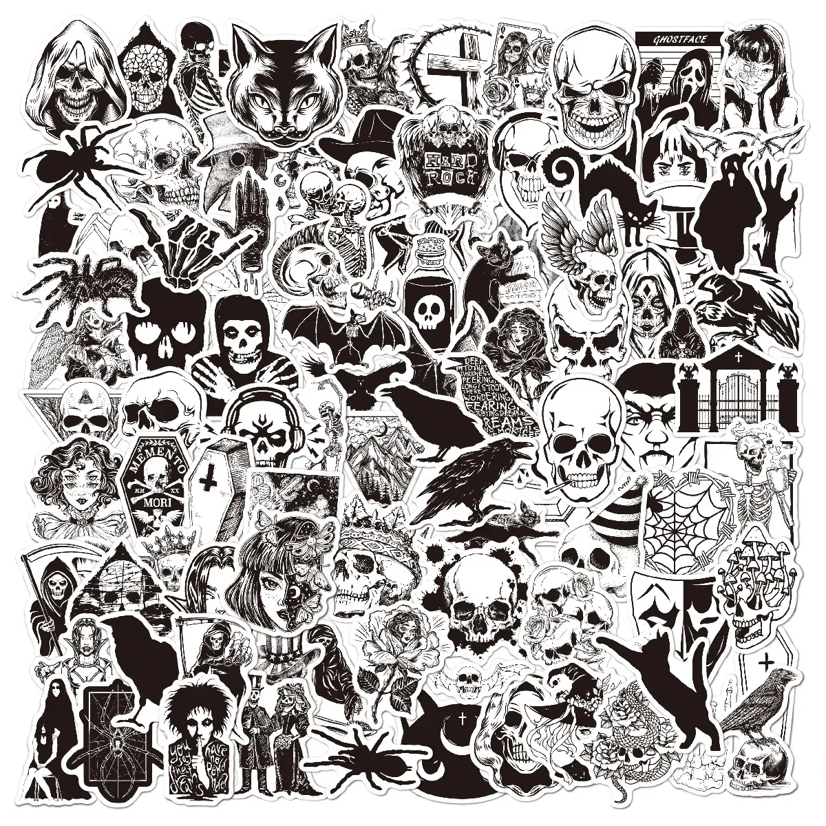 100Pcs Gothic Sticker for Teens Cool Horror Black White Skull Punk Vinyl Waterproof Stickers for Laptop Phone Guitar Skateboard