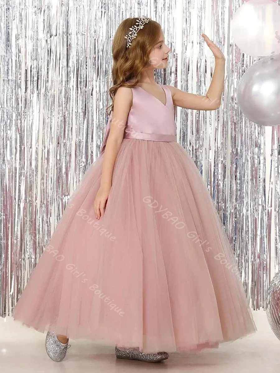 Vestido de niña de flores hasta el tobillo para boda, vestido de comunión con cuello en V doble y lazo, vestido de baile de cumpleaños personalizado para niños de 2 a 14 años